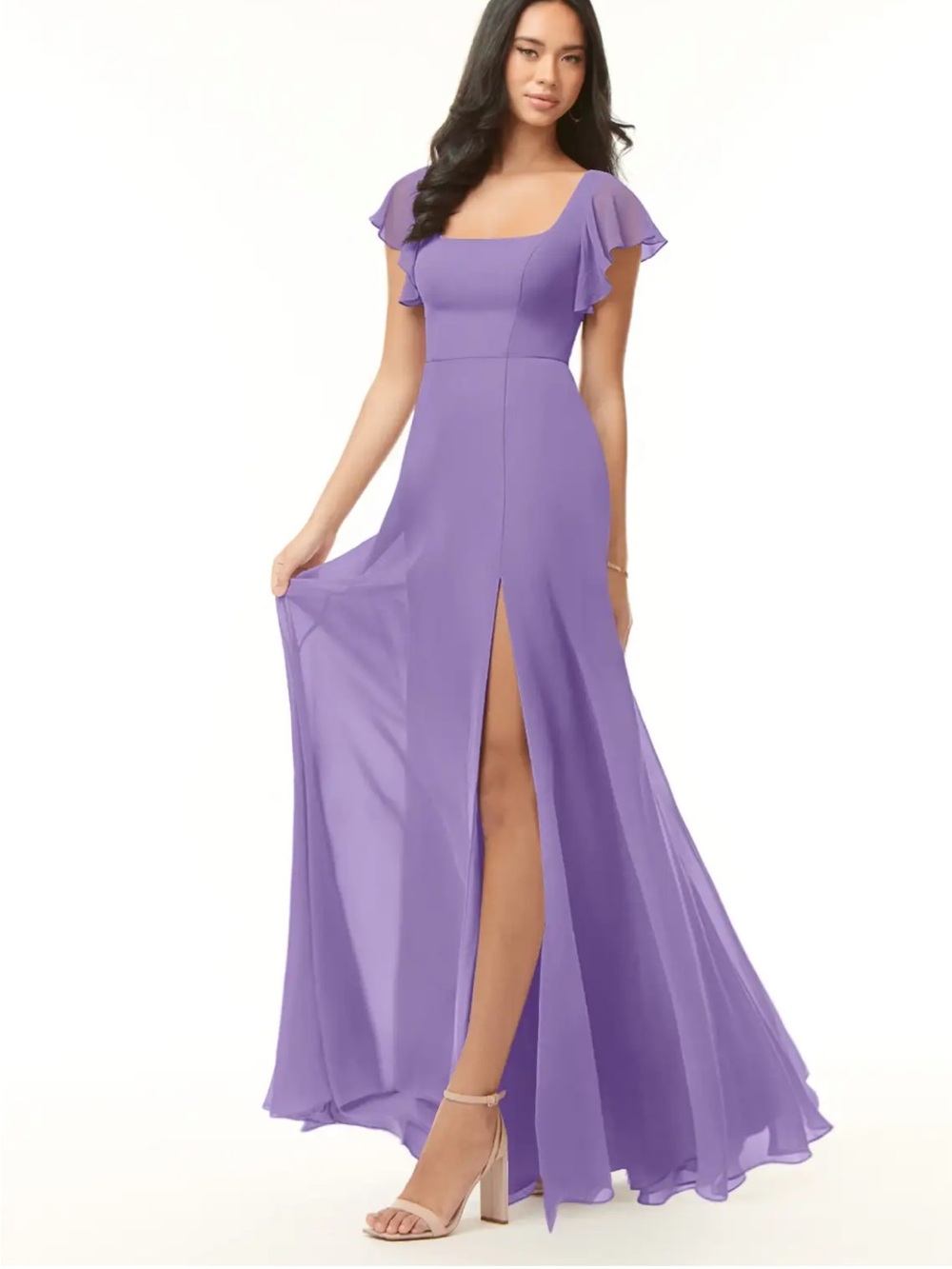 Azazie Purple Ruffle-Sleeve Maxi Dress